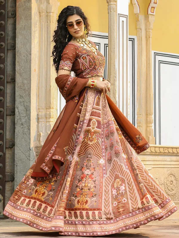 Aesthetic silk brown printed lehenga choli