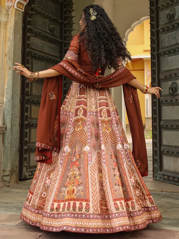 Aesthetic silk brown printed lehenga choli