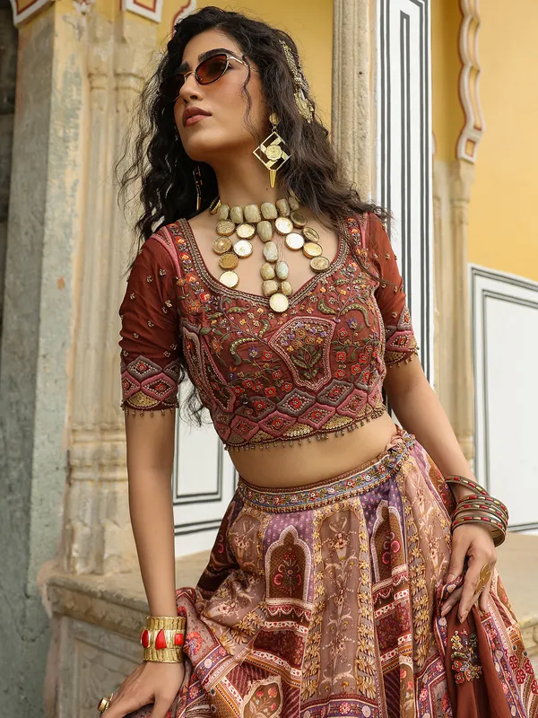 Aesthetic silk brown printed lehenga choli