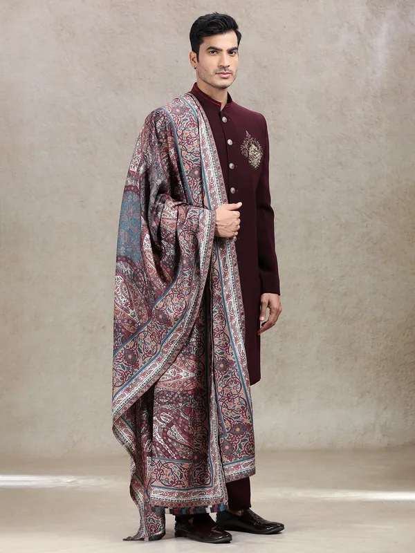 Aesthetic wine sherwani with vintage printed dupatta