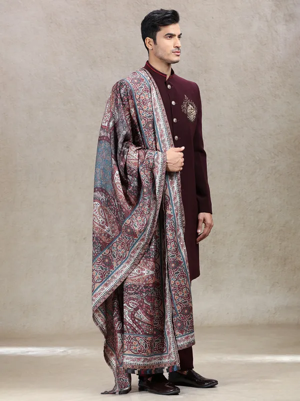 Aesthetic wine sherwani with vintage printed dupatta