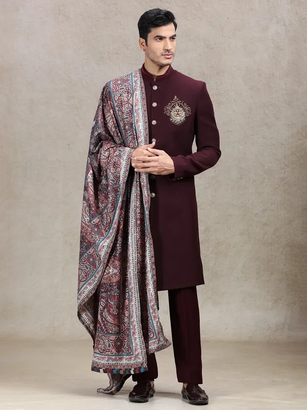 Aesthetic wine sherwani with vintage printed dupatta