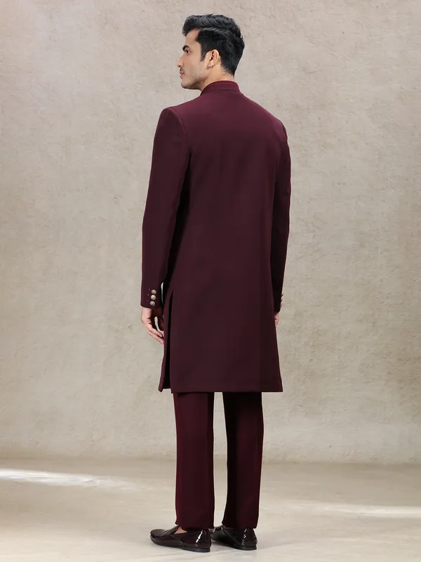 Aesthetic wine sherwani with vintage printed dupatta