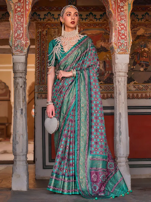 Ajrakh printed green and wine saree