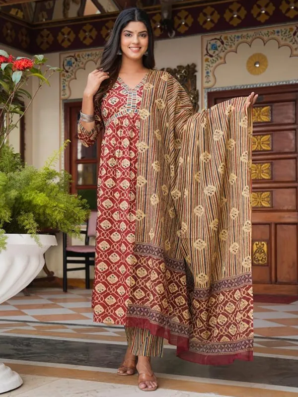 Alia cut maroon kurti set with dupatta