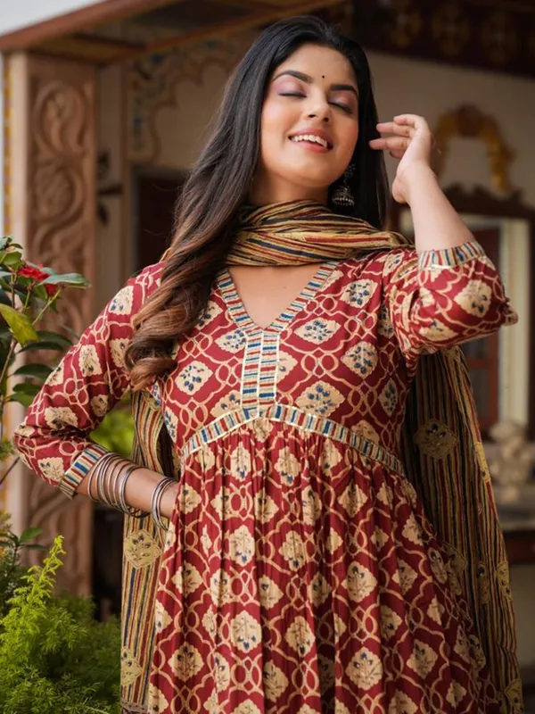 Alia cut maroon kurti set with dupatta