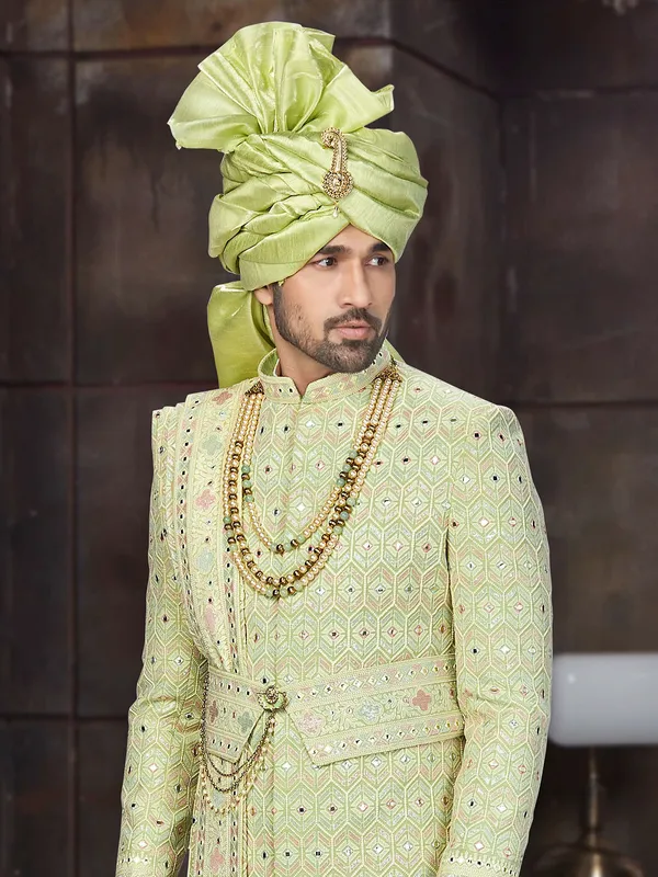 Alluring green double layer designer sherwani in georgette