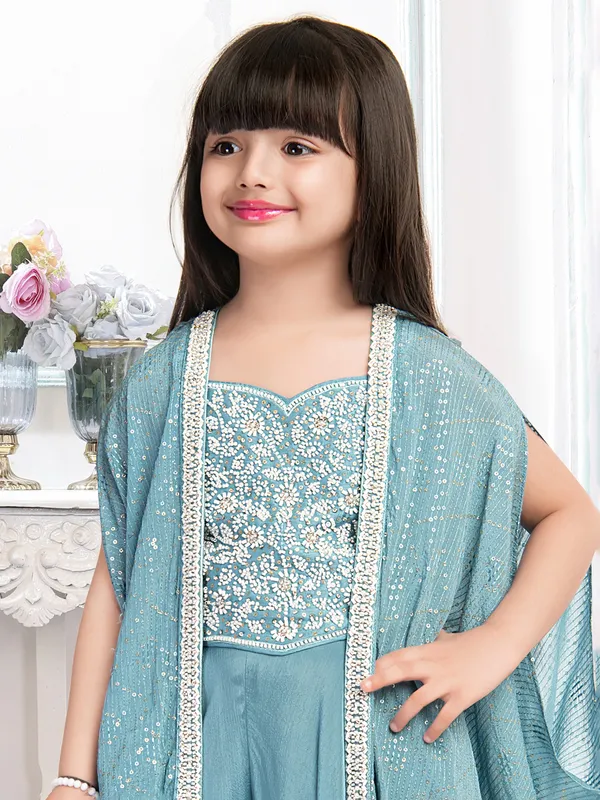 Alluring light blue silk palazzo suit with shrug