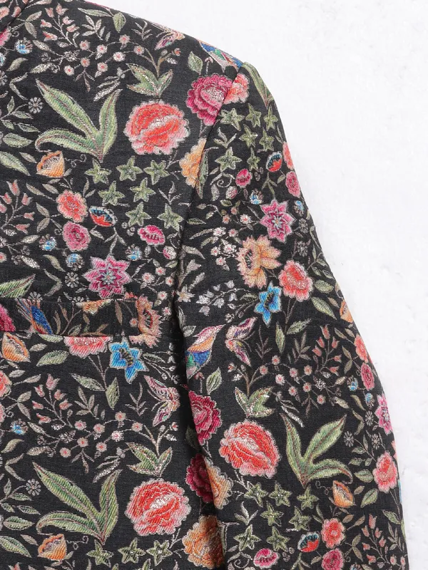 Alluring printed black cotton silk indowestern for boys