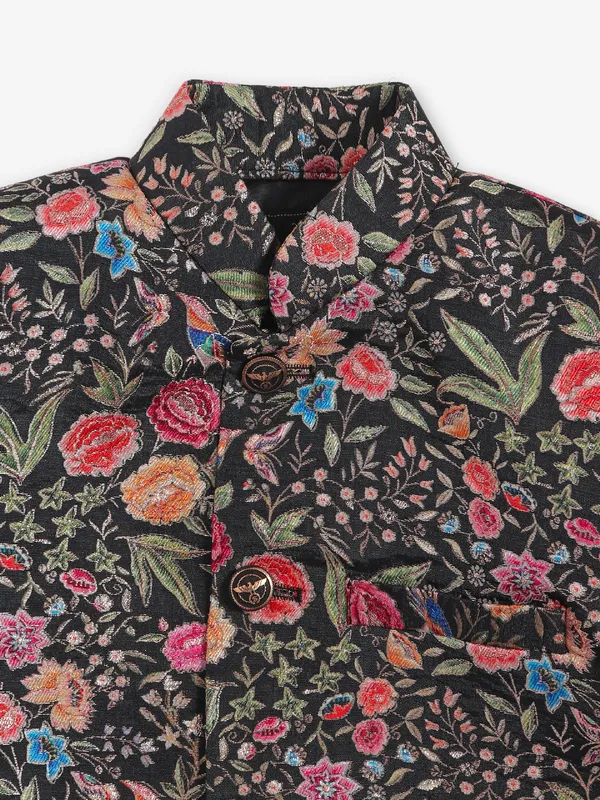 Alluring printed black cotton silk indowestern for boys