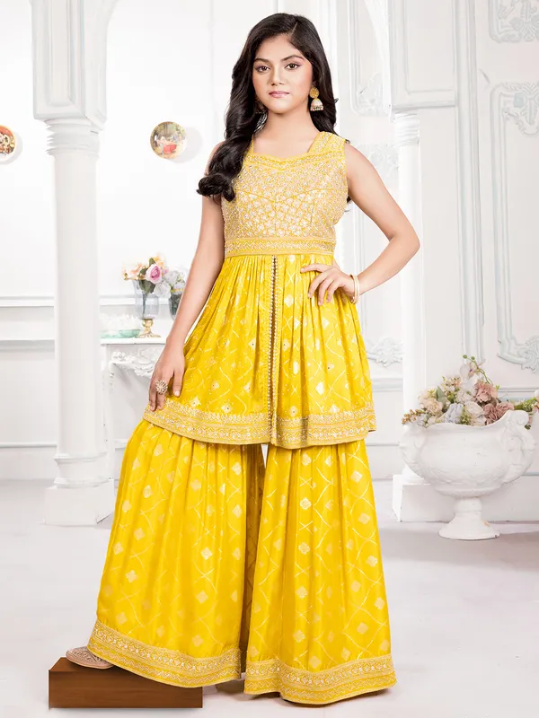 Alluring sharara salwar suit in yellow silk