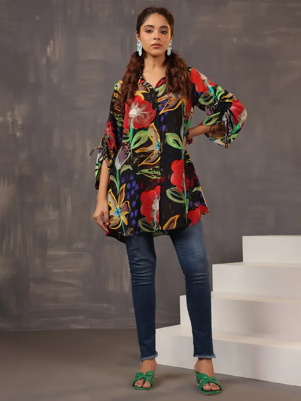 Alluring silk black printed tunic top