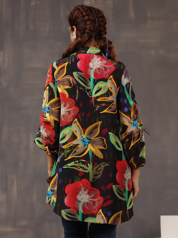 Alluring silk black printed tunic top