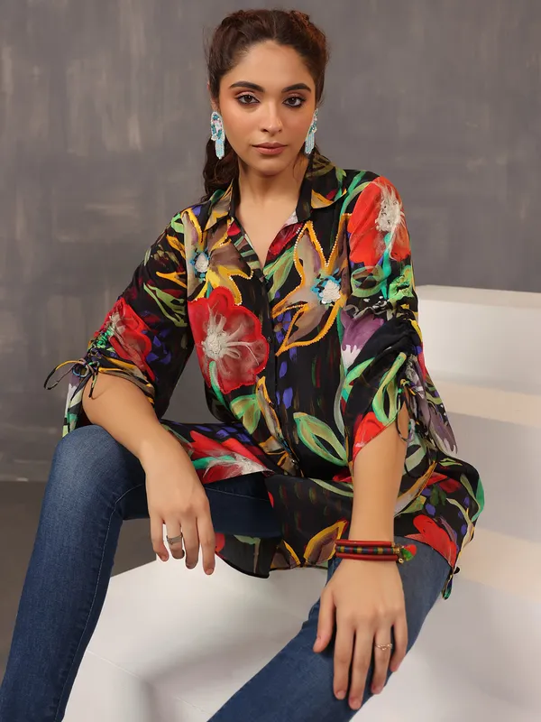 Alluring silk black printed tunic top