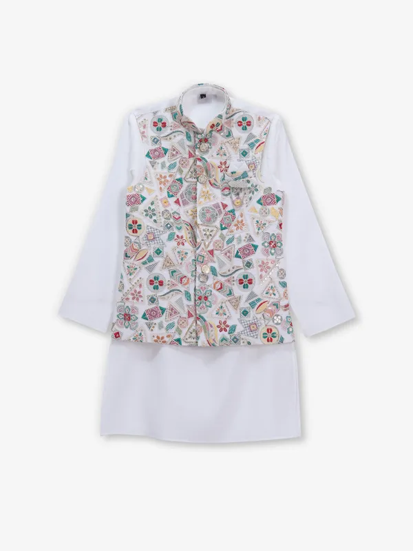 Alluring white silk waistcoat set for boys