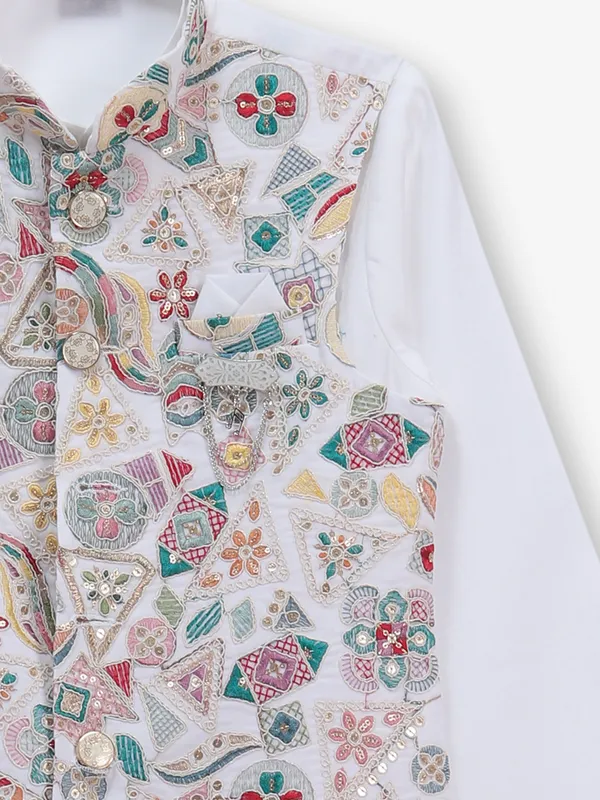 Alluring white silk waistcoat set for boys