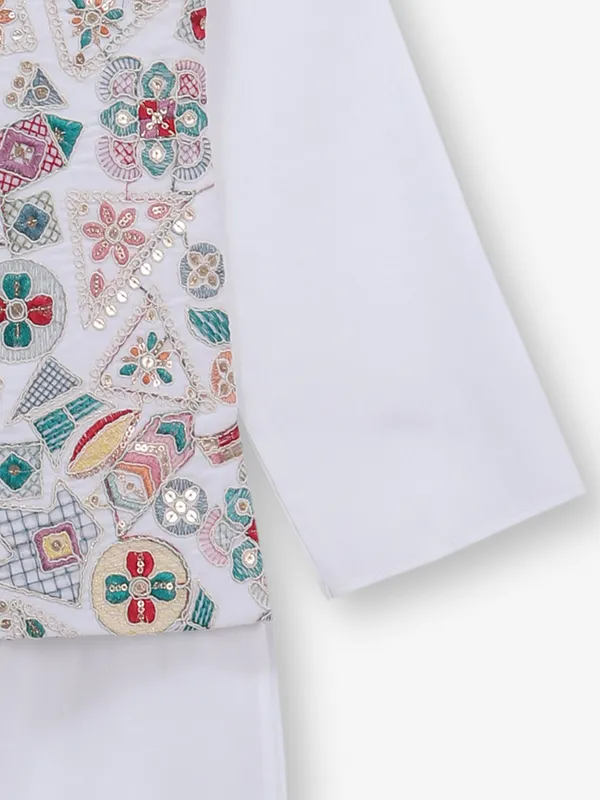 Alluring white silk waistcoat set for boys
