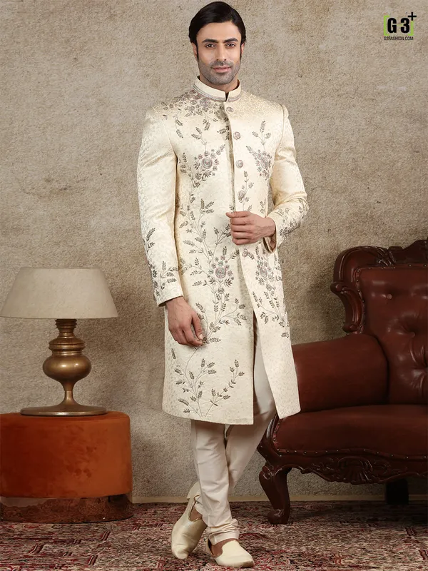 Amazing beige silk sherwani for wedding