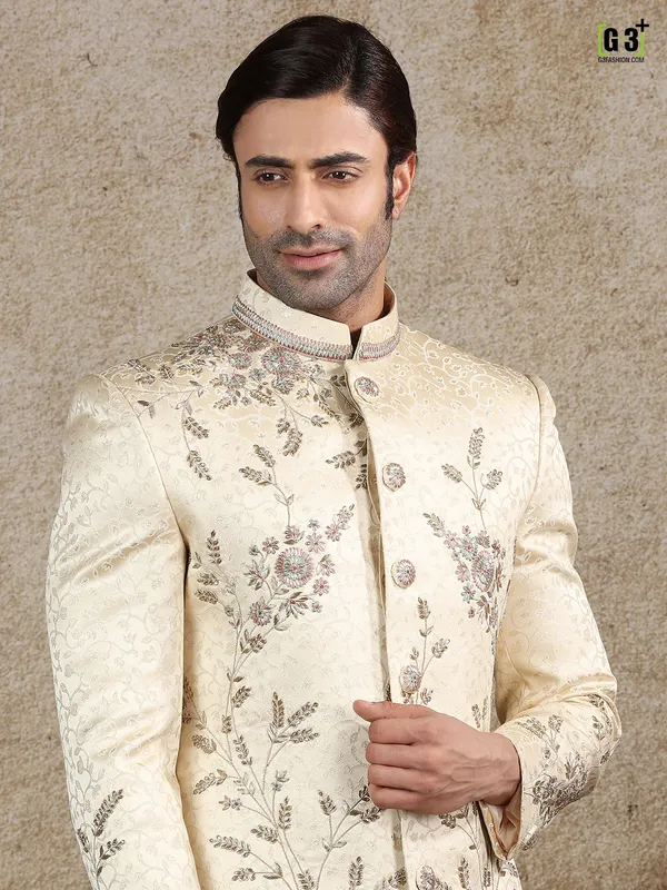 Amazing beige silk sherwani for wedding
