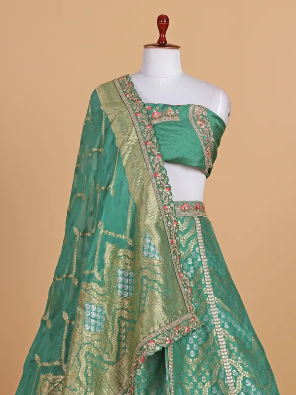Amazing coral green silk unstitched lehenga choli