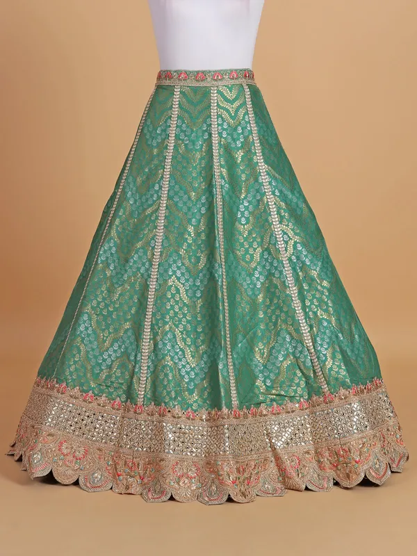Amazing coral green silk unstitched lehenga choli