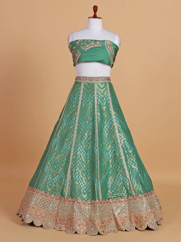 Amazing coral green silk unstitched lehenga choli