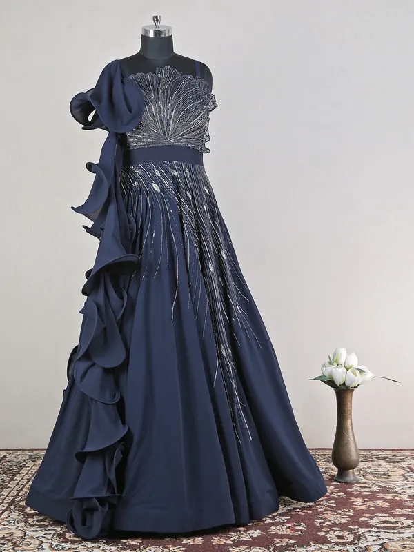 Amazing dark bule georgette reception look gown