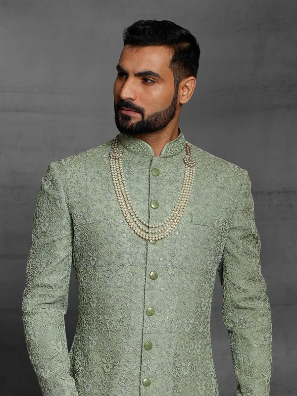 Amazing green silk sherwani for wedding event