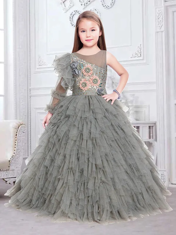 Amazing grey net gown for reception and party wear