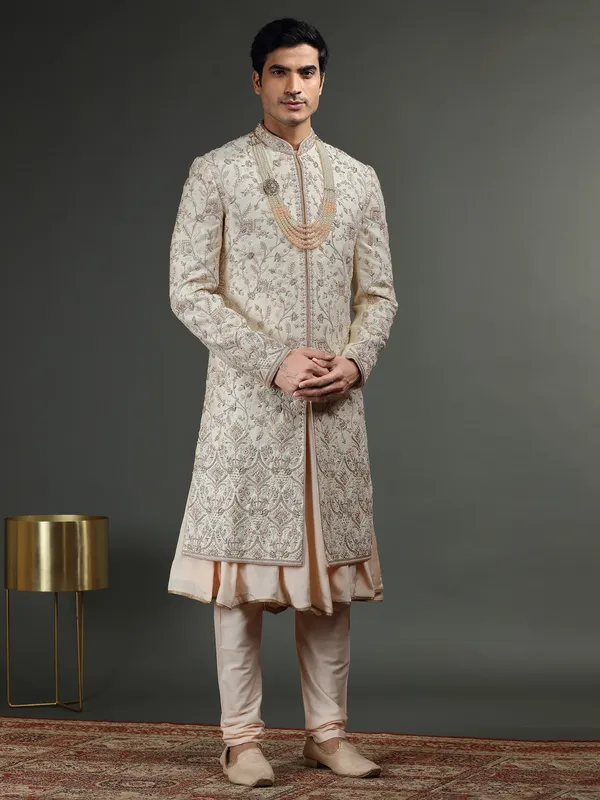 Amazing light peach raw silk sherwani