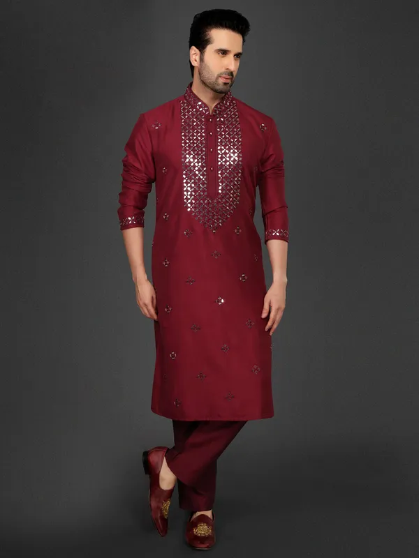 Amazing maroon color cotton silk Kurta Set for Men