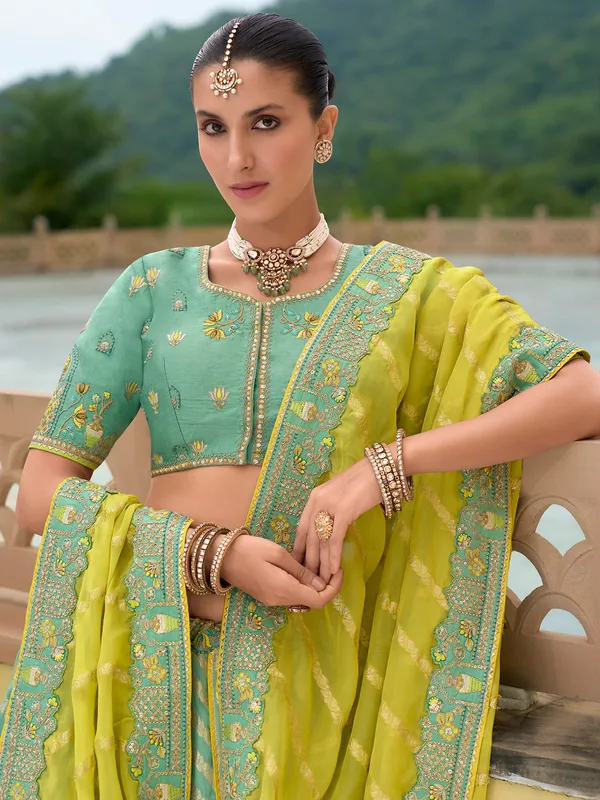 Amazing mint green green silk unstitched lehenga choli