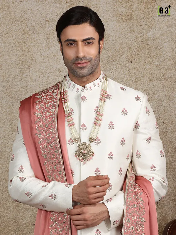 Amazing off white silk sherwani for wedding