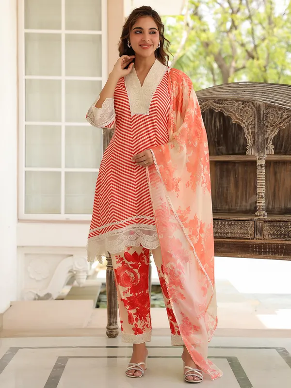 Amazing orange cotton silk printed kurti set