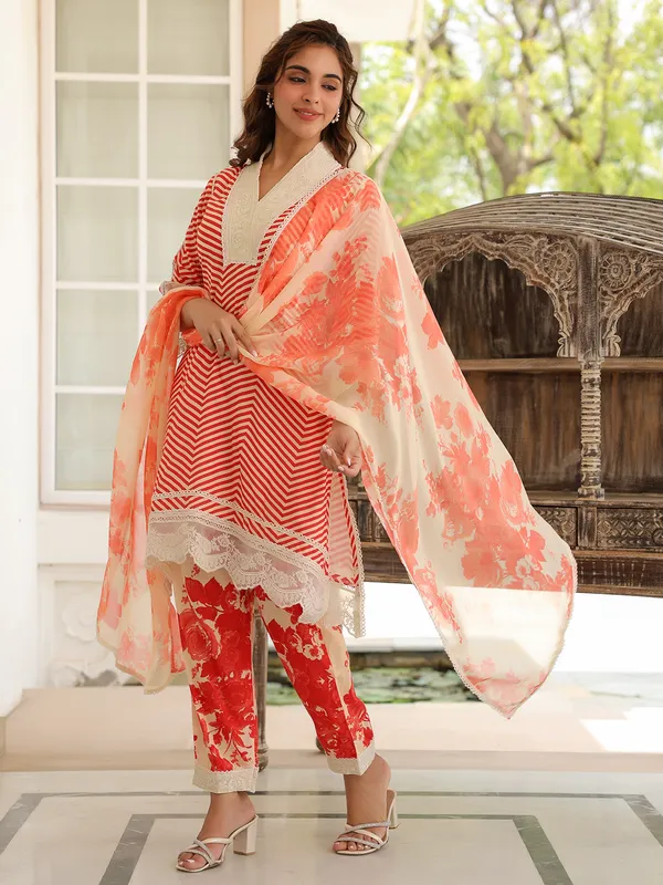 Amazing orange cotton silk printed kurti set