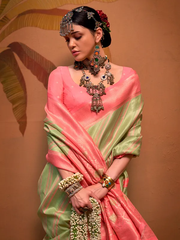 Amazing pista green zari weaving silk saree