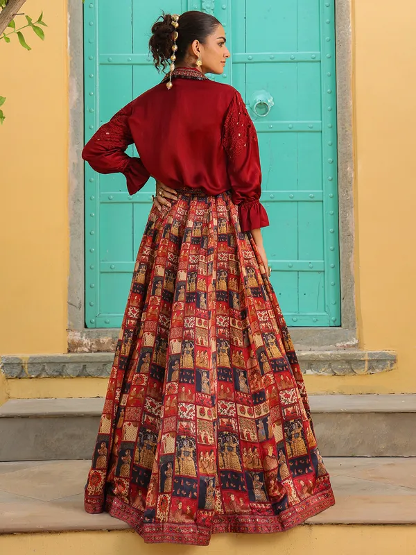 Amazing printed maroon silk lehenga choli