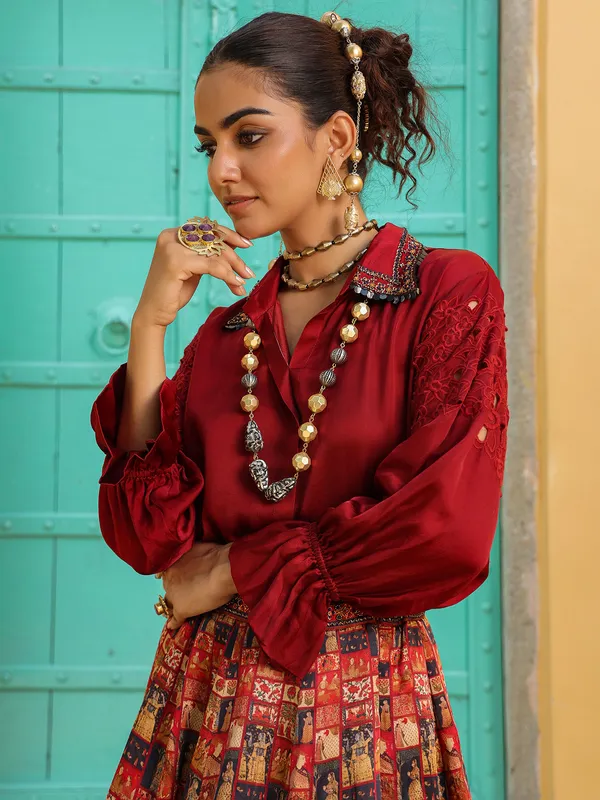 Amazing printed maroon silk lehenga choli