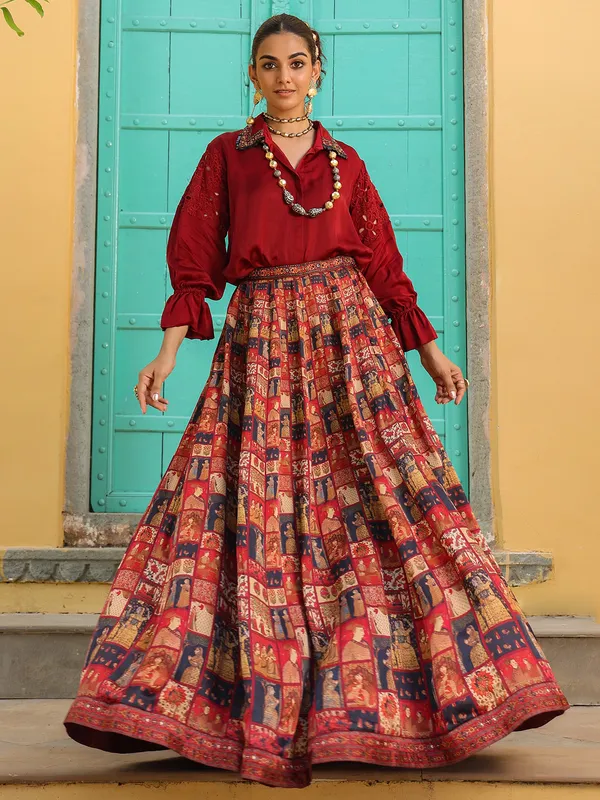 Amazing printed maroon silk lehenga choli