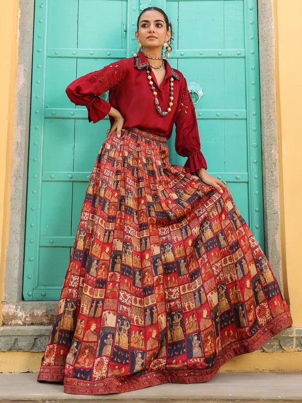 Amazing printed maroon silk lehenga choli