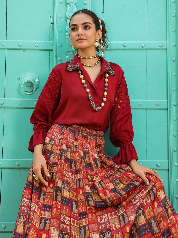 Amazing printed maroon silk lehenga choli