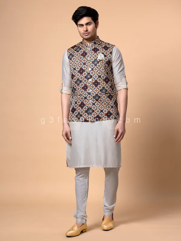 Amazing printed multi color silk waistcoat set