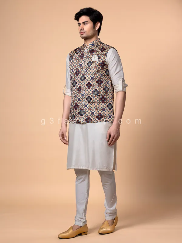 Amazing printed multi color silk waistcoat set