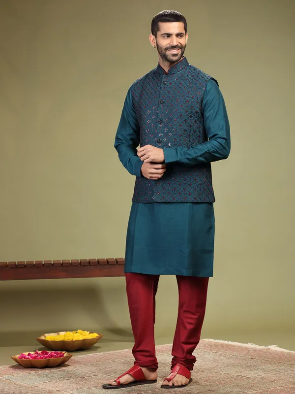 Amazing rama blue silk waistcoat set