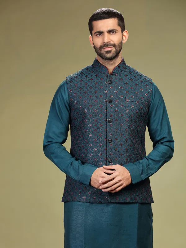 Amazing rama blue silk waistcoat set