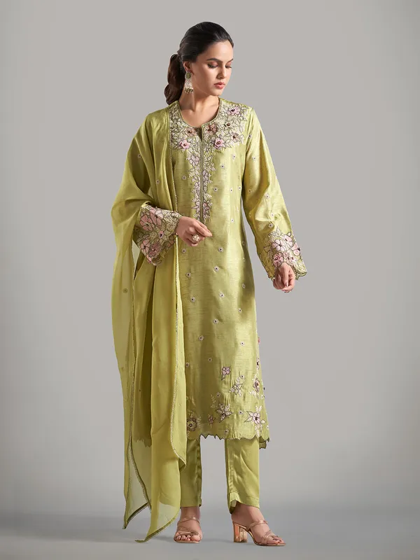 Amazing sage green raw silk salwar suit