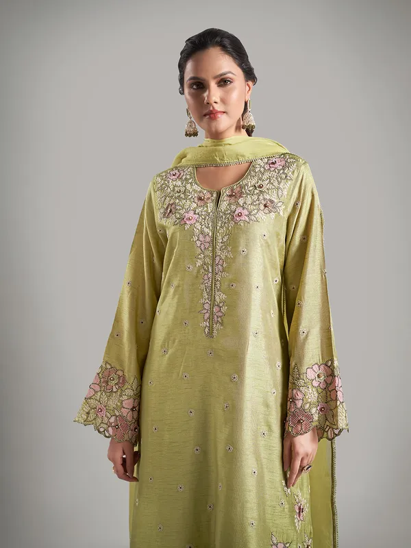 Amazing sage green raw silk salwar suit