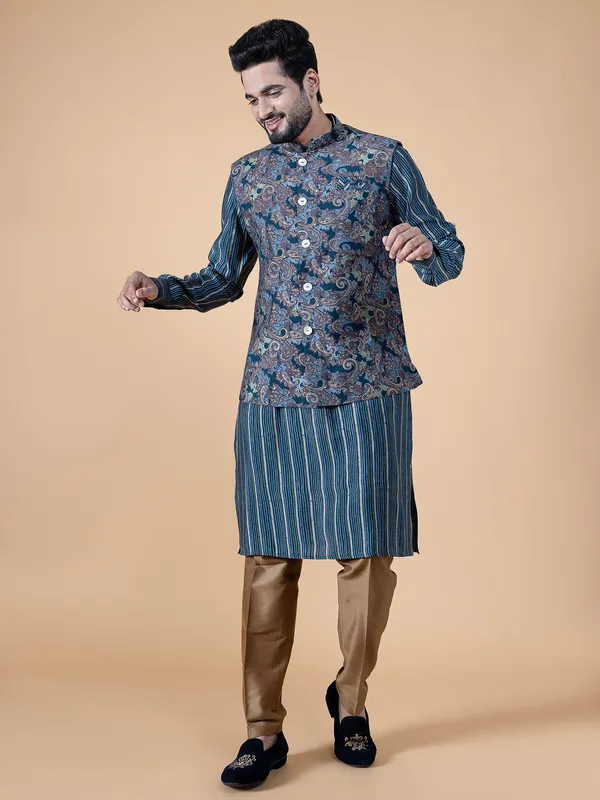 Amazing teal blue silk printed waistcoat set