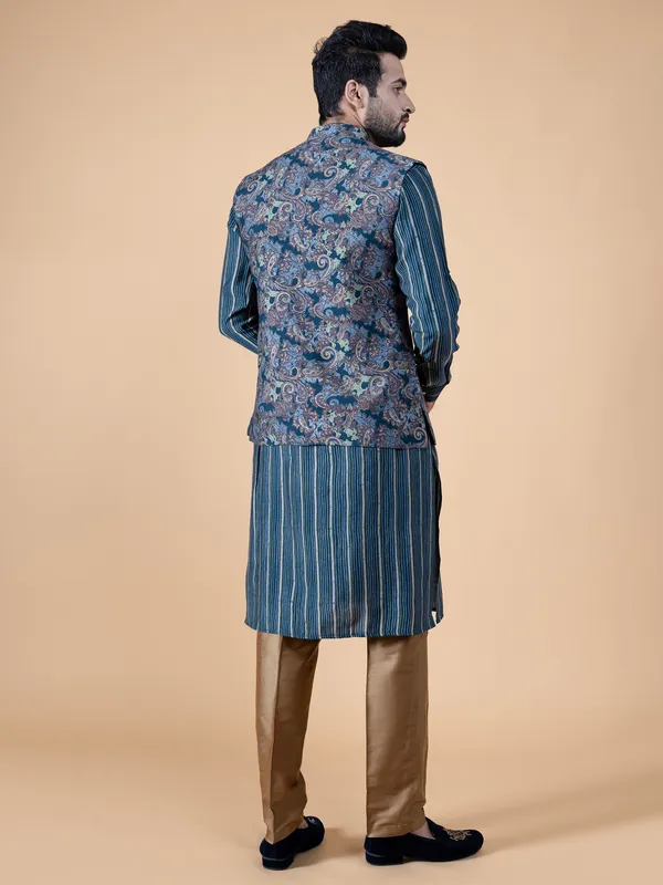 Amazing teal blue silk printed waistcoat set