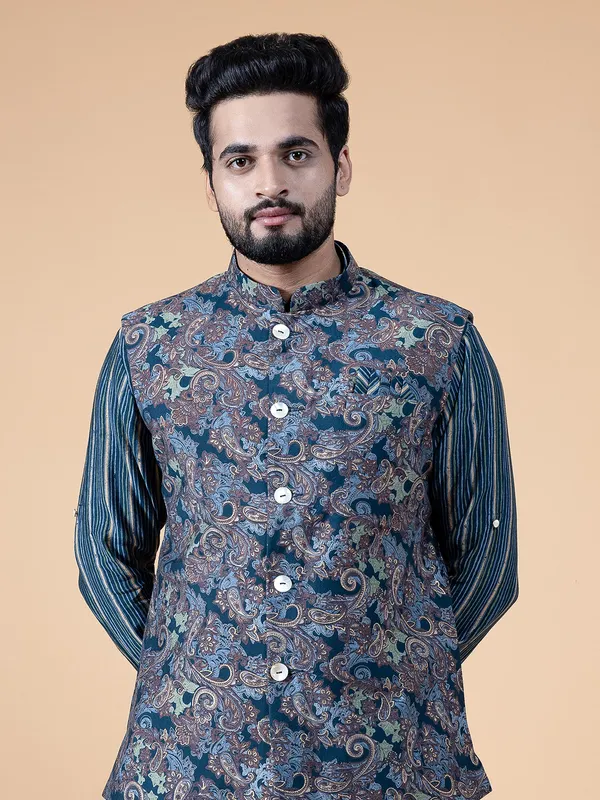 Amazing teal blue silk printed waistcoat set